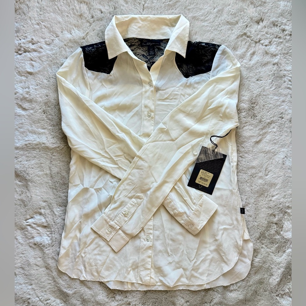 True Religion Women’s Long Sleeve Button Up Black Lace Cream Blouse Size Small